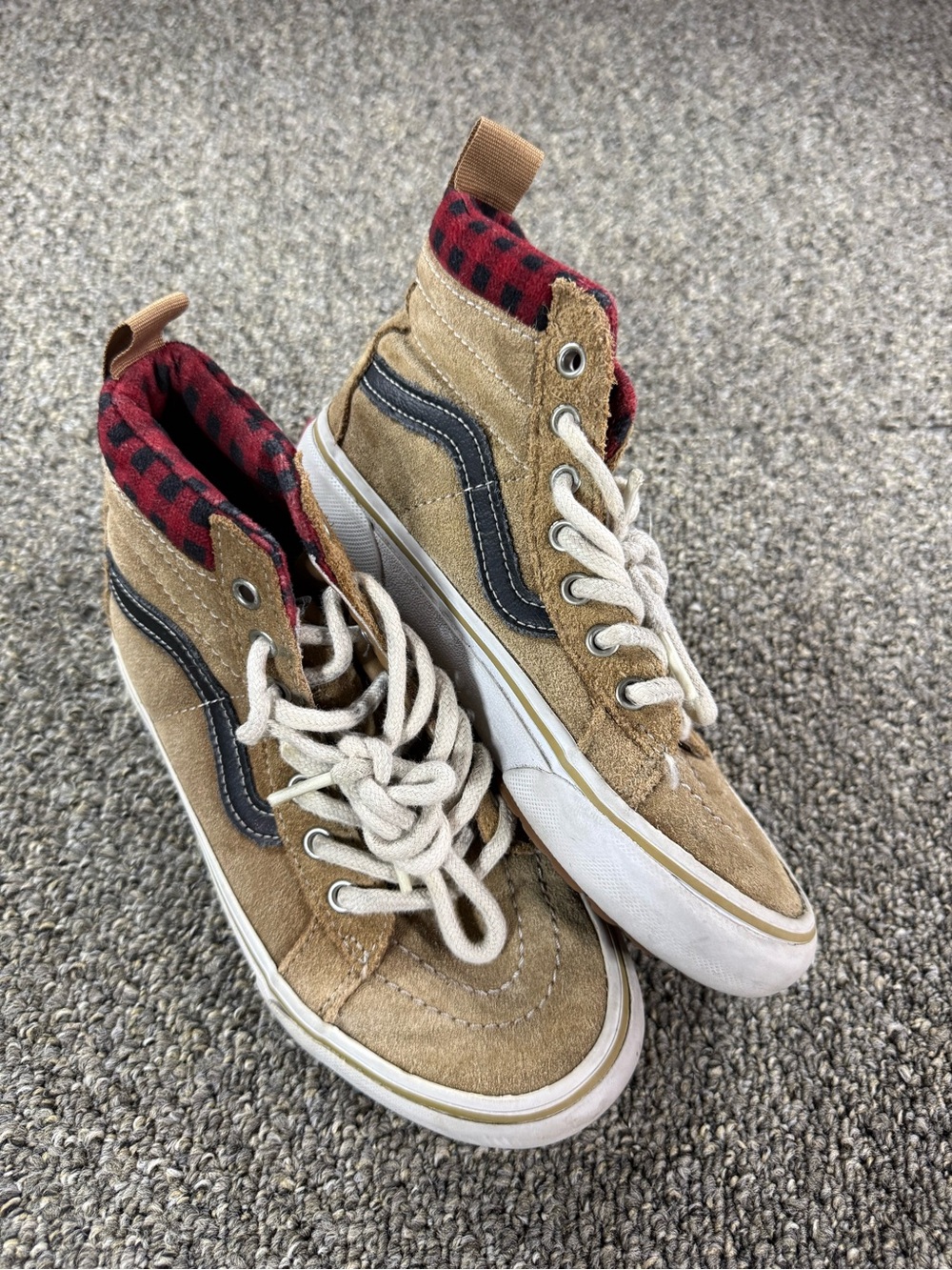 Vans Kids High-Top Suede Sneakers in Tan with Black Stripe and Red Plaid Lining